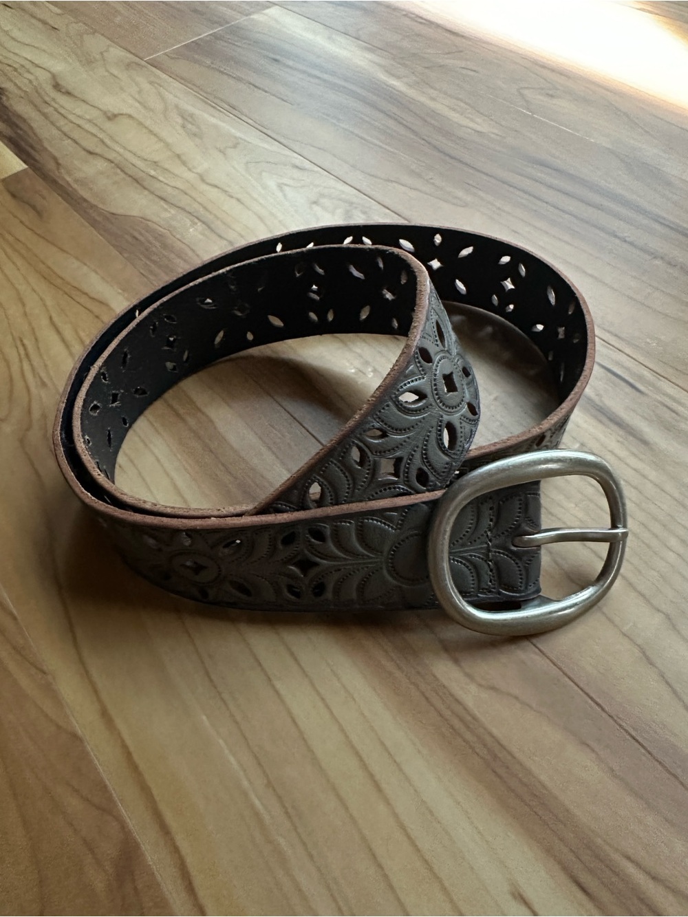Women's Embossed Leather Brown Belt with Silver Buckle